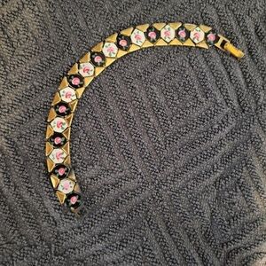 Mid Century  Hand painted roses brass and enamel bracelet.